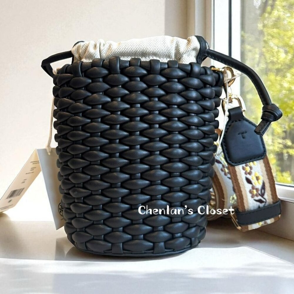 Tory Burch Emerson Woven Mini Bucket Bag Black With Gold Hardware - Picture 3 of 13